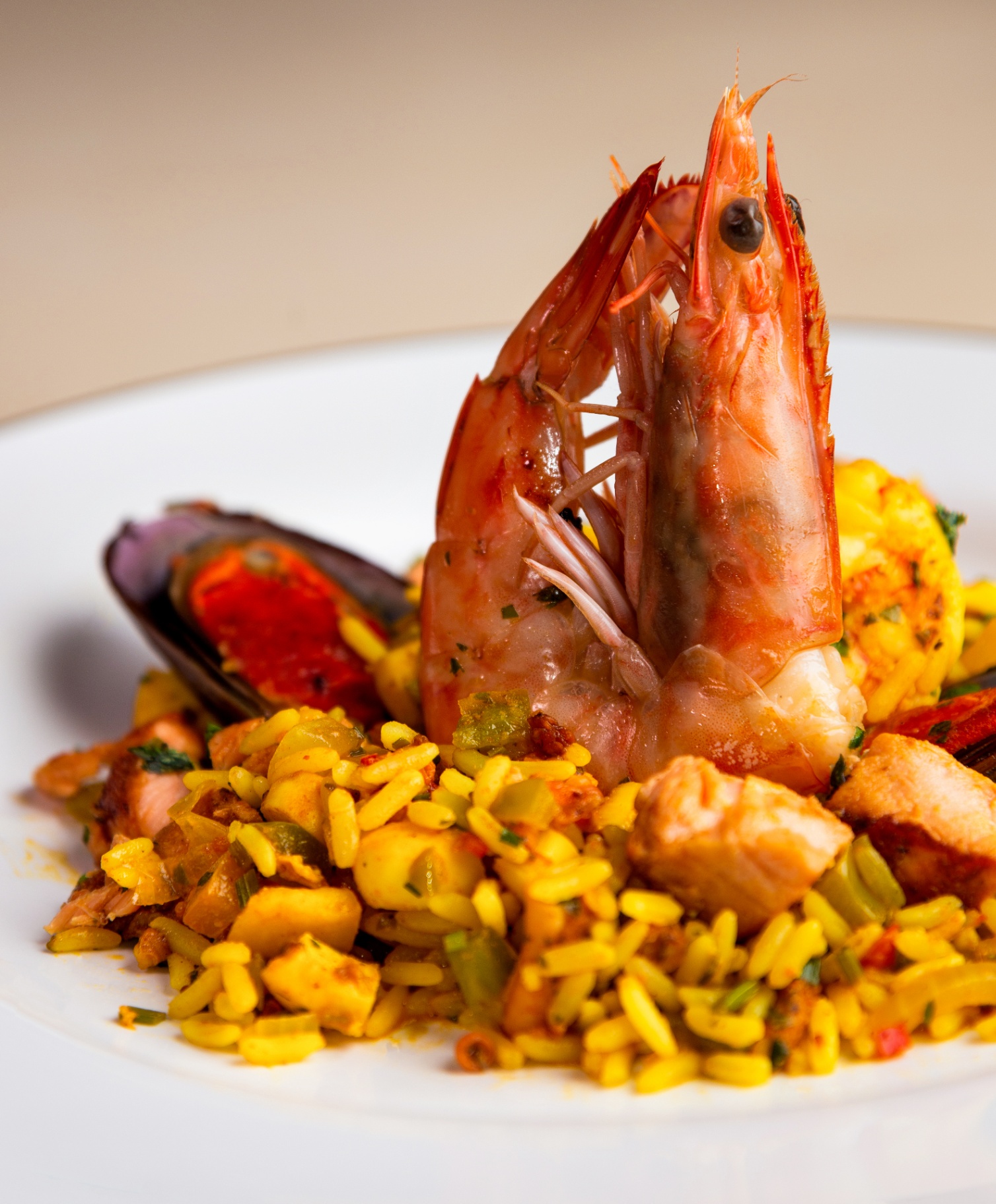 Seafood paella with a whole shrimp, mussel, and saffron rice