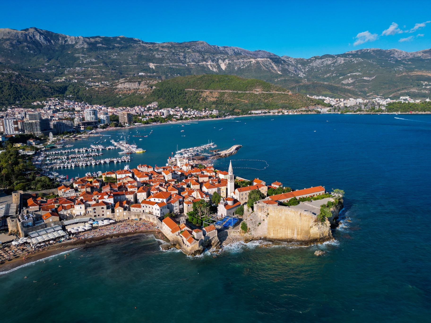 Old town of Budva and the Adriatic coastline from above