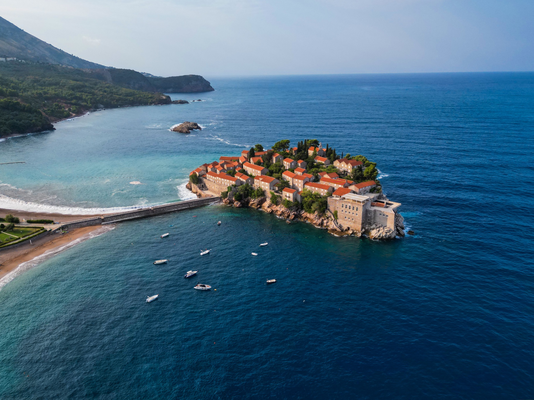 Aerial view of the islet of Sveti Stefan in Montenegro